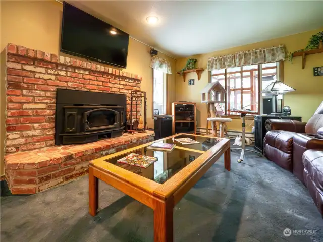 Family room with wood stove fireplace