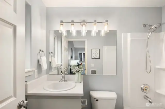 Light and bright primary bathroom.