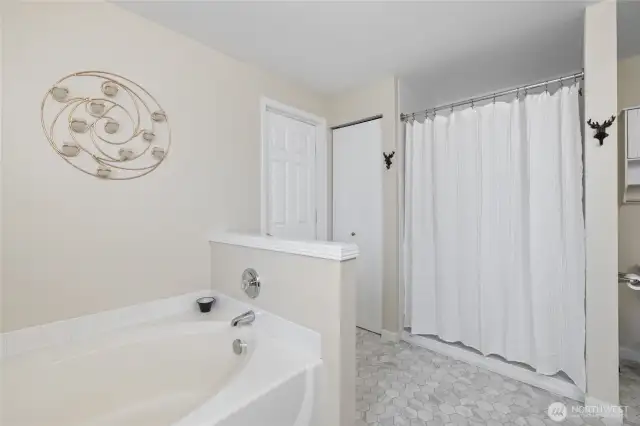 Attached primary bedroom 5 piece bathroom with large walk-in closet