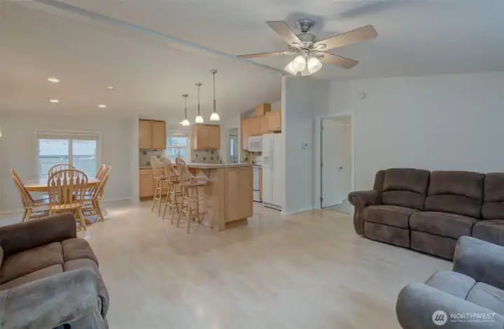 Living room looking towards dining room and kitchen.