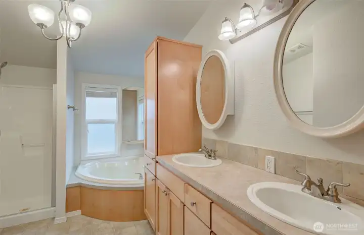 Full primary bathroom with walk-in shower and large soaking tub.