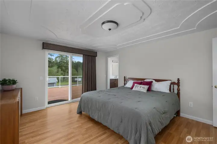 Primary bedroom on main level with sliding glass door to outside deck and new window coverings