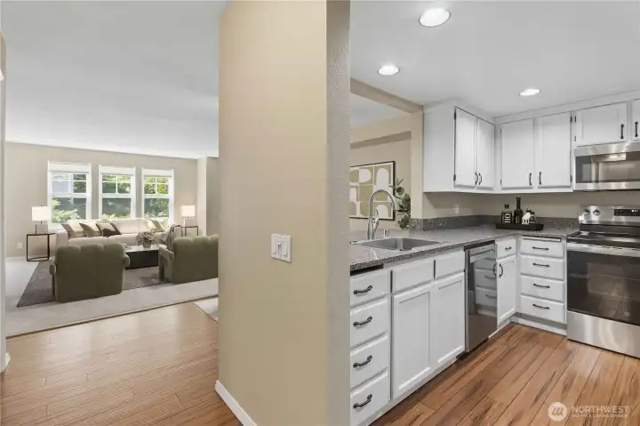 Virtually staged kitchen and living room