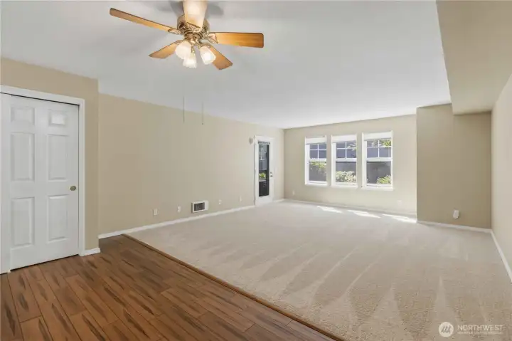Living and dining room with ceiling fan