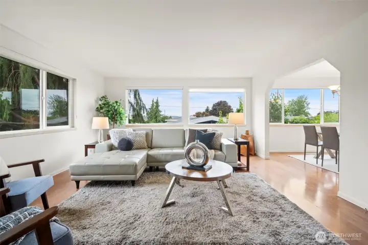 Spacious open living room with big views out towards Puget Sound Spacious open living room with big views out towards Puget Sound