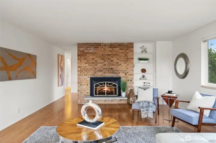 Living room with brick fireplace Living room with brick fireplace