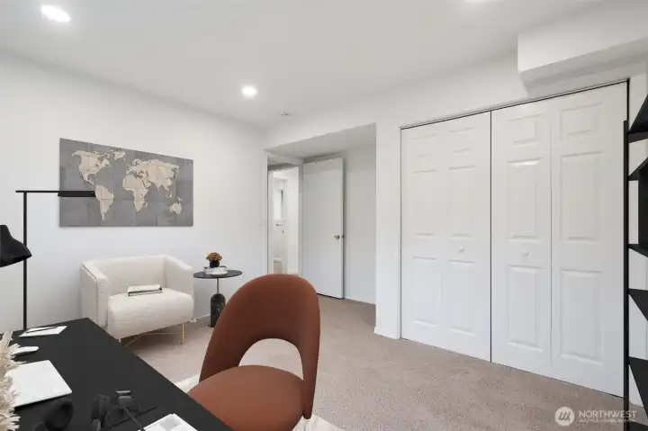 Level in office room with closet, fresh paint and carpeting. Virtually staged to show size and options. Level in office room with closet, fresh paint and carpeting. Virtually staged to show size and options.