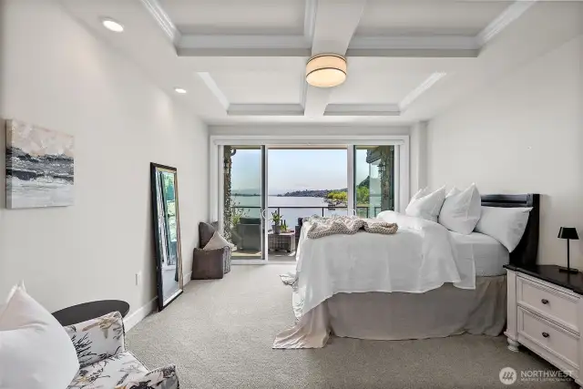 "Sleek 9 ft. coffered ceilings and oversized French-style sliders create a seamless flow to the outdoors in this tranquil, contemporary condo."