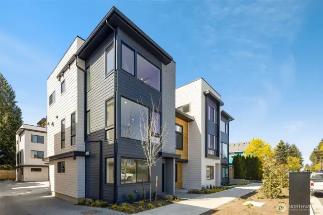 Street view of a thoughtfully designed community featuring bold exteriors and contemporary elegance.