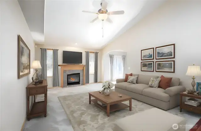 Virtually Staged Living Room Upstairs with Gas Fireplace