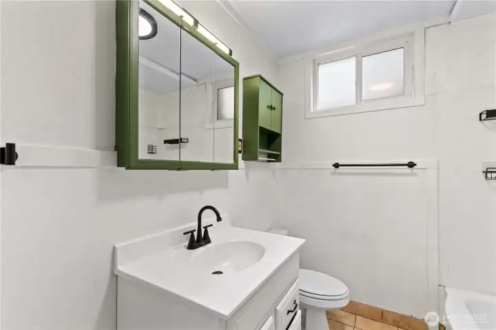 Charming downstairs bathroom with a white vanity, black faucet, and green-accented mirror and cabinet. Frosted windows offer privacy and natural light.