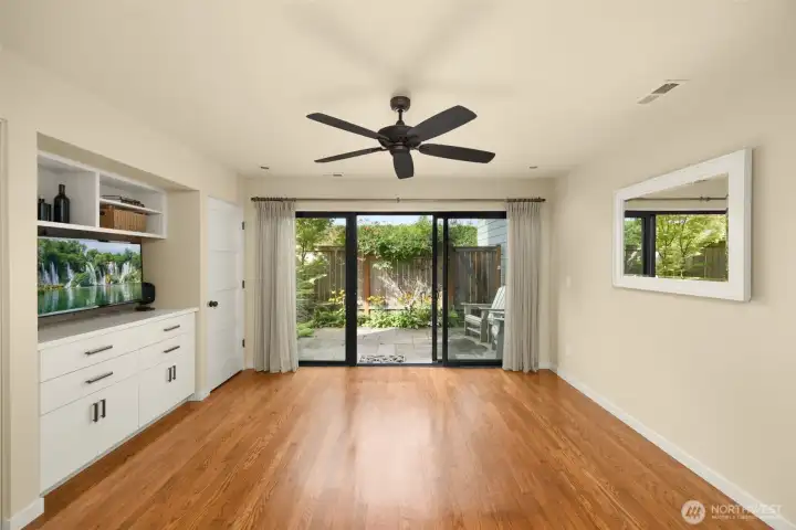 Stained white oak hardwood.