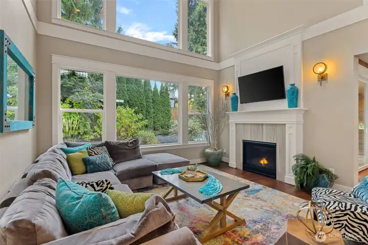 A nice view of the garden with a cozy fire place.