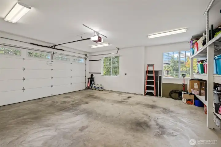 2 car garage, has built-in shelves.
