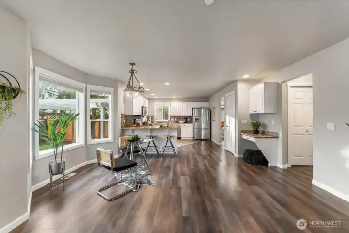 A dedicated desk area offers a convenient spot for organization or daily tasks.