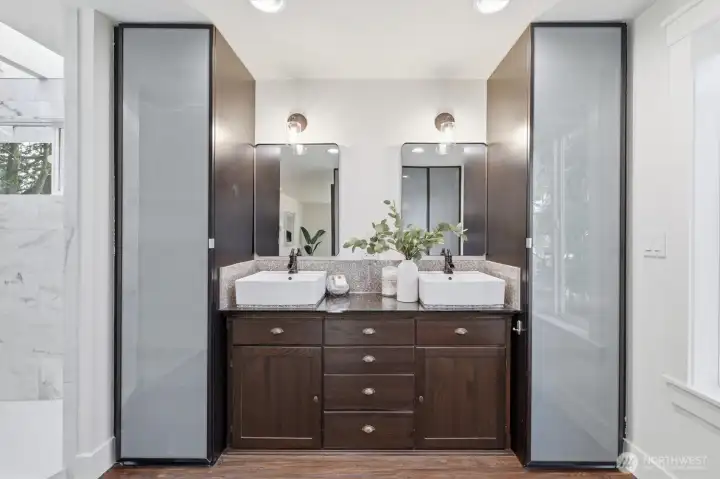 Primary bedroom + ensuite bathroom (staged)