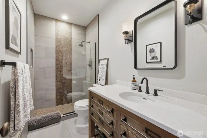 Recently remodeled bathroom on the lower level.