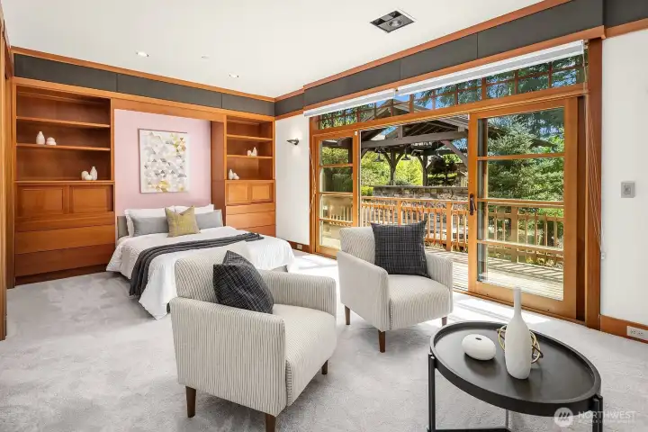 Middle bedroom with fir woodwork and view deck.