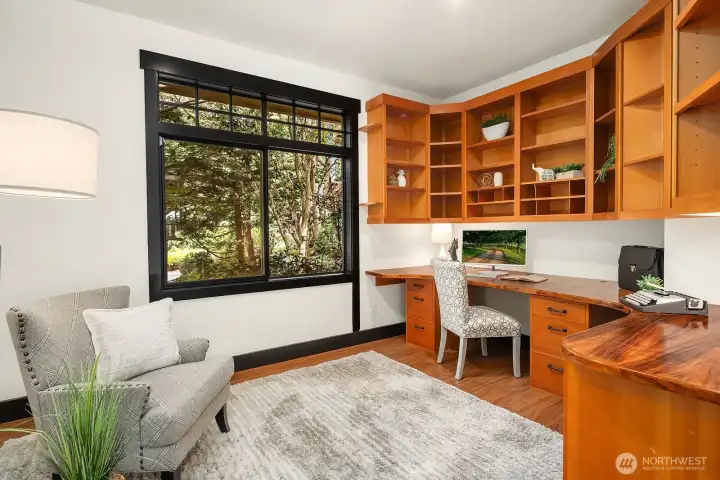 Fourth bedroom is currently office with lovely koa and fir built-ins.