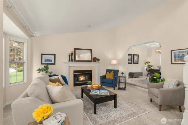 Living room with wood burning fireplace
