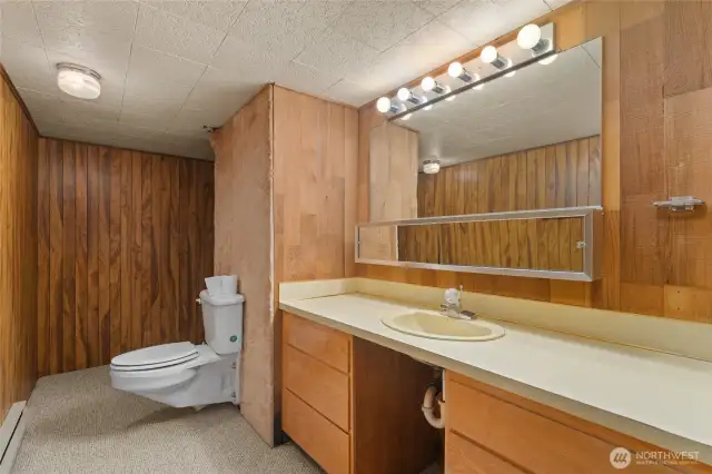 Toilet room with sink in basement located off bonus room