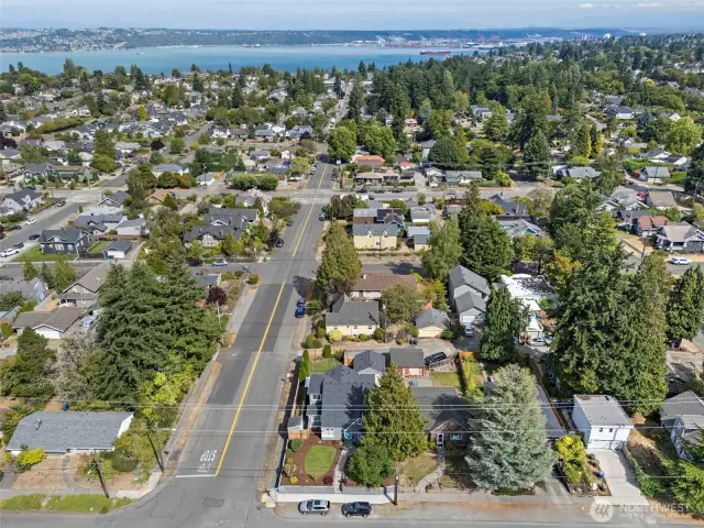 Aerial view of neighborhood with the Puget Sound in backdrop.