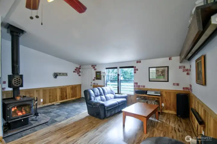 Wood stove is cozy on those cold winter nights and helps with heating costs too!