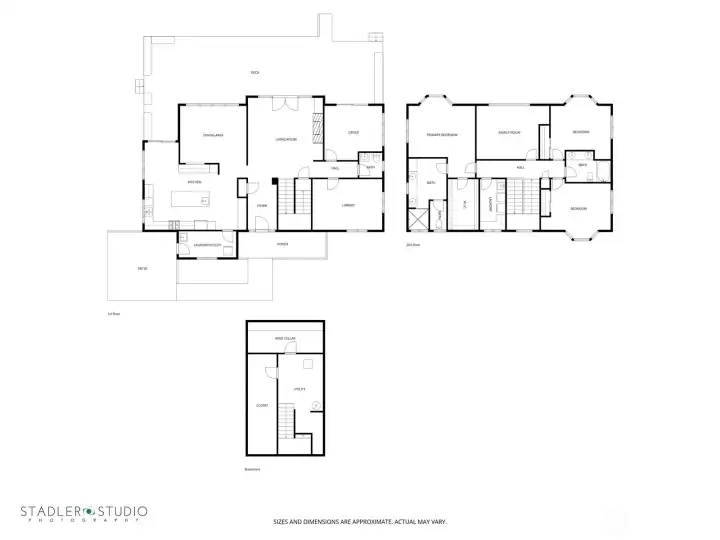 Three levels of main residence floor plan.