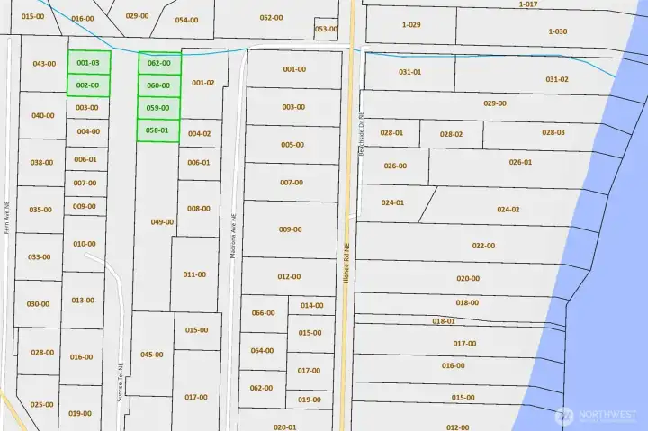 Parcel map showing the lot locations along Sunrise Terrace NE (6 lots in green)