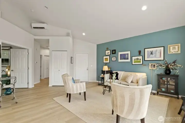 Luxury vinyl plank floors flow throughout, and sparkle in warm sunlight. Luxury vinyl plank floors flow throughout, and sparkle in warm sunlight.