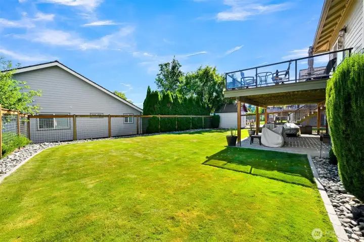 Large, fenced backyard for privacy and easy maintenance with sprinkler system.