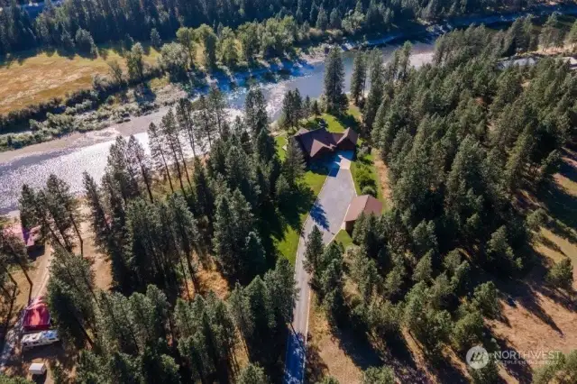 Aerial view of home and the river.