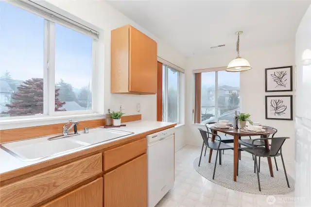 Enjoy eating with the morning and afternoon light in this corner of the kitchen.