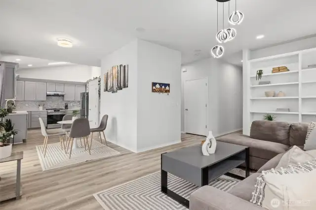 Family Room view to dining nook and kitchen.