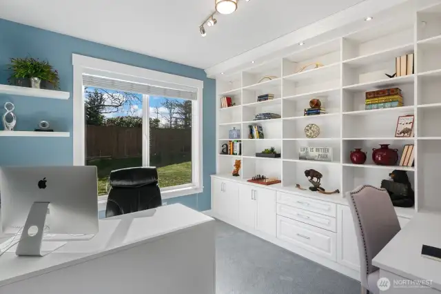 Office features extensive top of the line California Closet cabinets, shelving and desks.  Designer carpet and upgraded pad.
