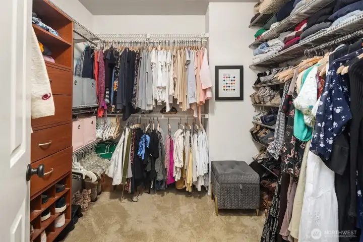 The primary bedroom's walk in closet features built in shelving and drawers.