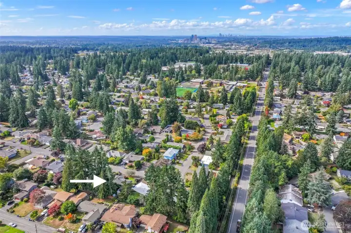 Neighborhood aerial reveals the prime Bellevue location with tree-lined streets and quick access to downtown Bellevue and Redmond.