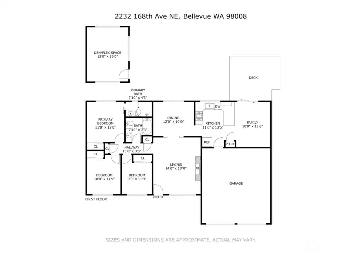 Clear layout of this 1,250 sq ft rambler showcasing three bedrooms, two baths, open living and dining areas, and direct connection to the backyard deck. Includes attached two-car garage and detached flex studio.