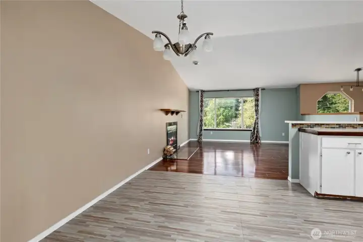 seamless transition from kitchen/dining to LR