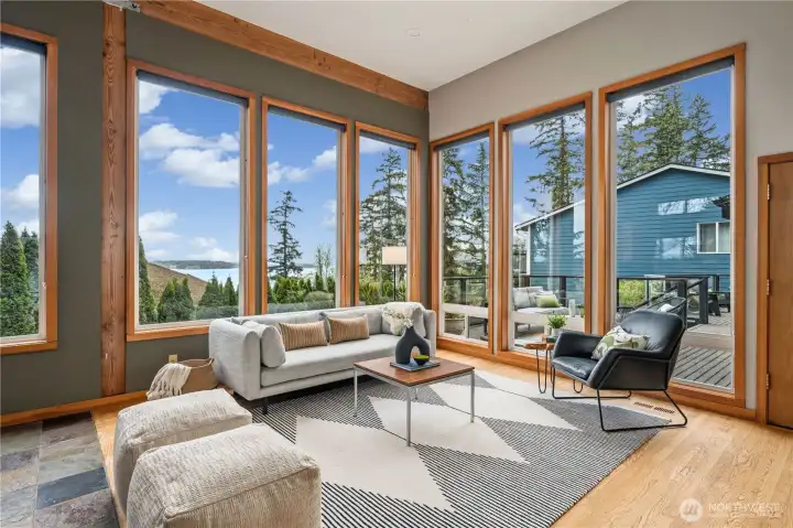 Family room with views of the lake and door to the view deck