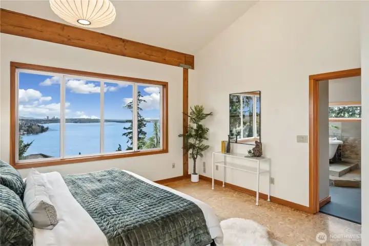 Primary suite with lake views. Mt Rainier was not visible due to clouds.
