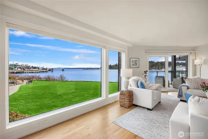 Panoramic views from picture windows.