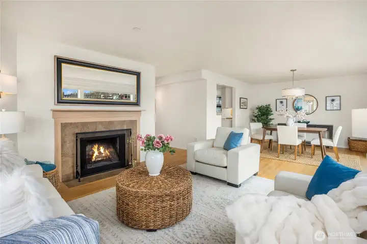 A cozy wood-burning fireplace.