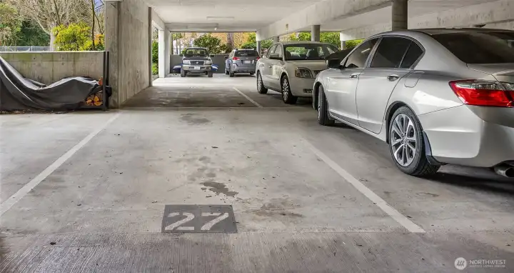 The 2nd parking space is a standard car size - #27 in the adjacent Building 2 underground garage.