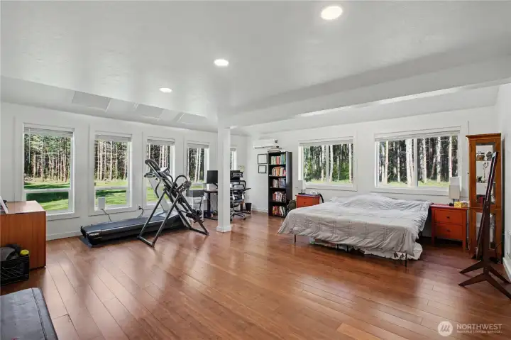 Spacious primary bedroom with so much natural light and skylights!
