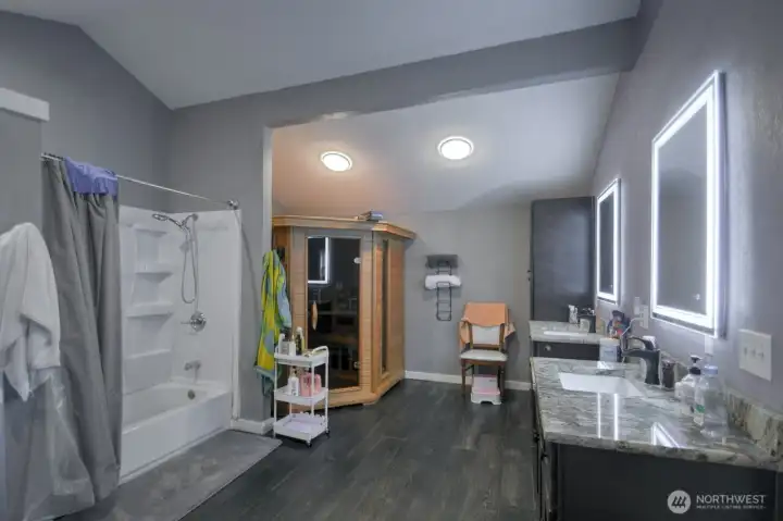 Full bathroom with sauna upstairs