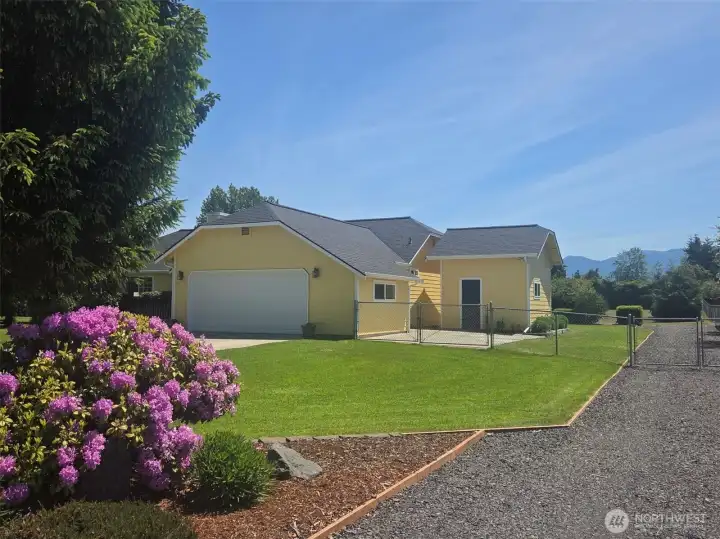 Northwest corner midday with the mountains behind and the rhododendron in full-bloom.
