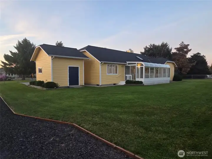 Southwest corner of home at sunset.
