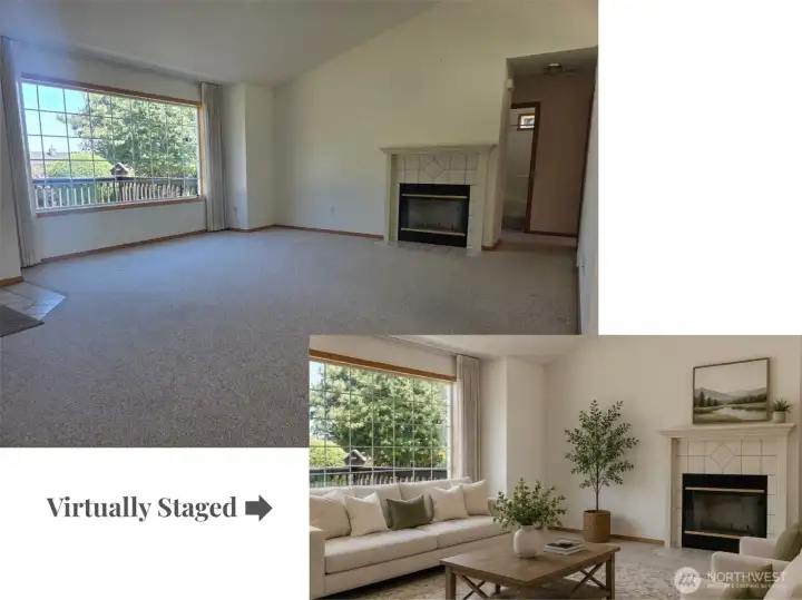 Comfortable living room with expansive picture window, wood-burning fireplace (never used), and serene views of the park-like landscaping. Virtually staged pic below.