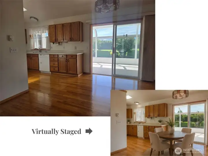 Dining area with hardwood floors and direct access to the bright year-round sunporch. Virtually staged picture attached.
